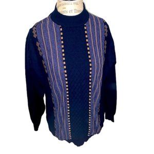 VINTAGE Platinum Mode Diamond Texture Sweater w Blue &Yellow Pinstripe Size L